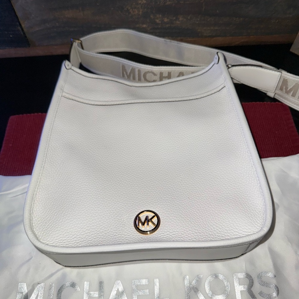 Michael Kors White Leather Small Crossbody with Gold Logo Tag